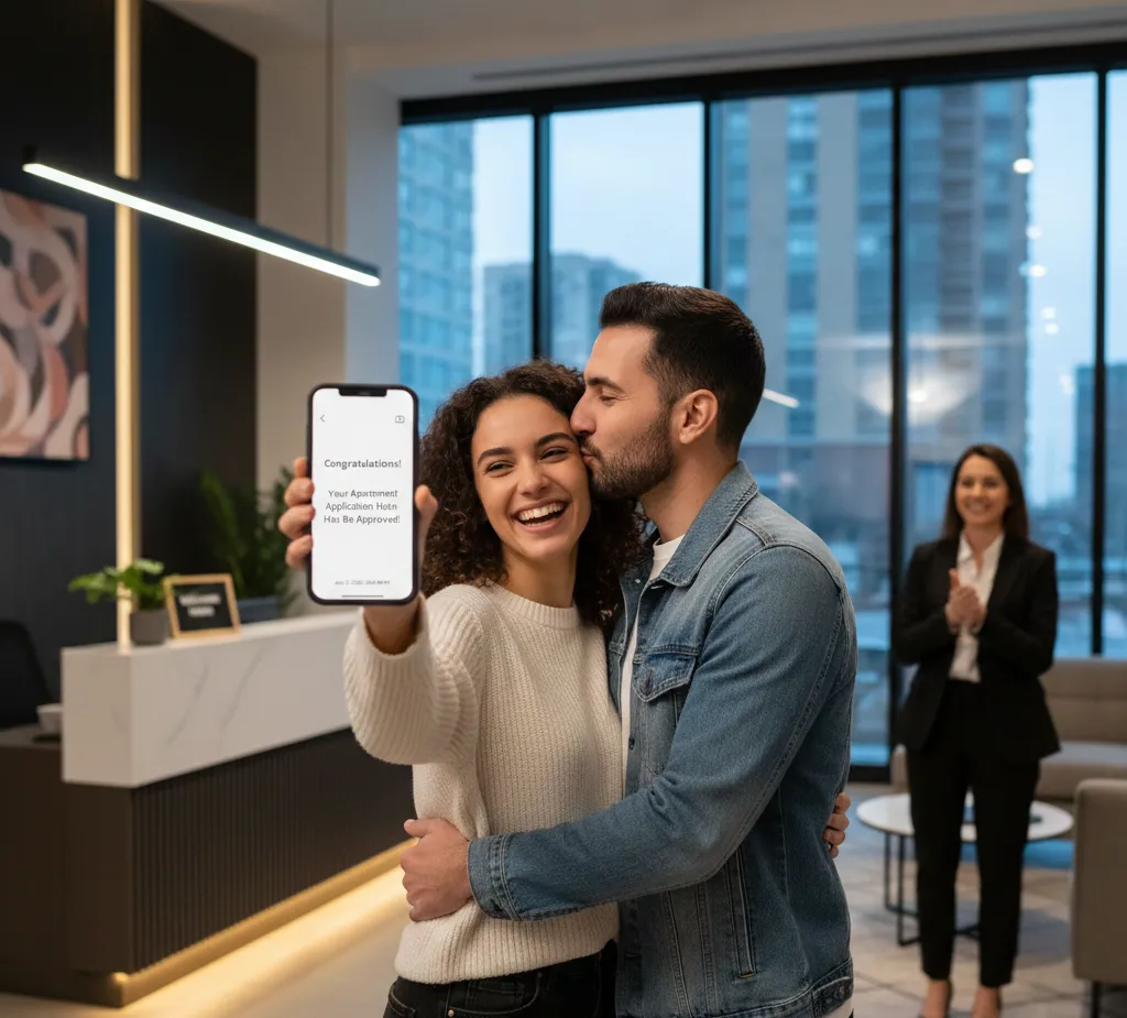 A happy young couple celebrating in a modern leasing office.