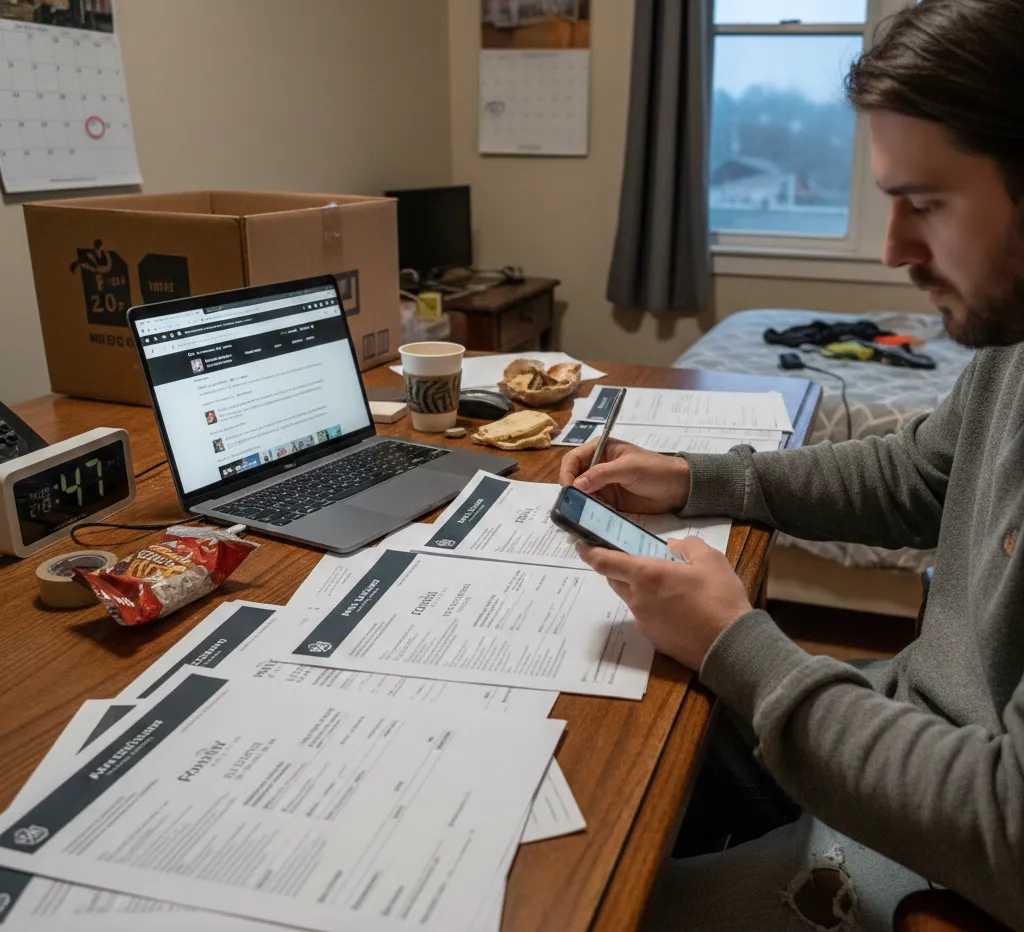 A man sitting at a desk covered in apartment rental applications, working on a laptop and phone with a moving box nearby.
