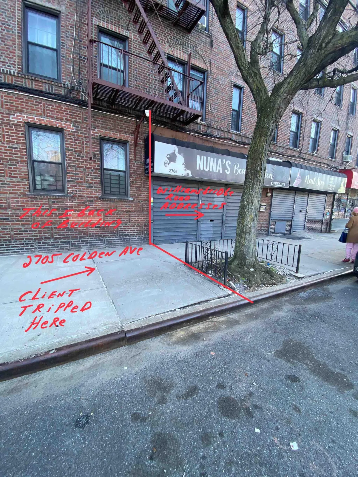 diagram of a sidewalk accident in bronx where client tripped and had injury