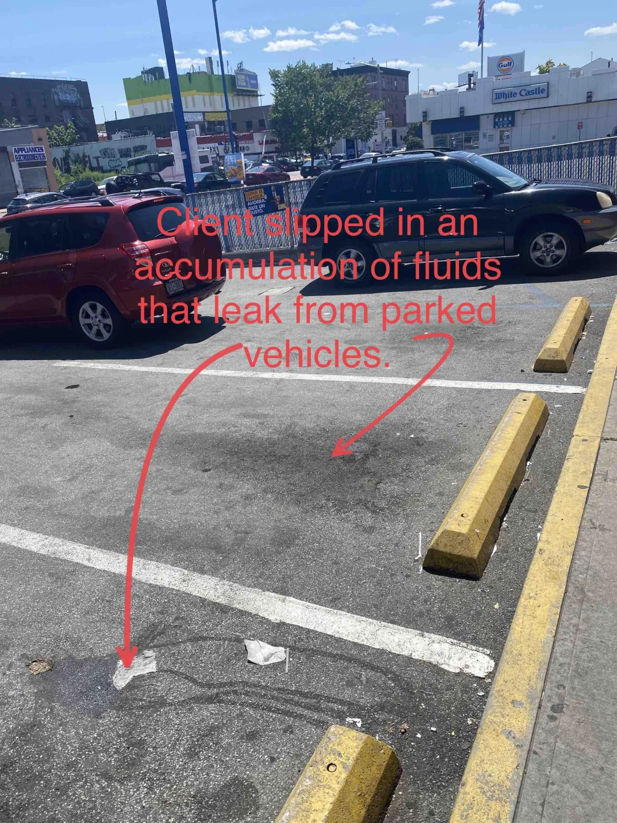 diagram of bronx gas station parking lot where a client slipped and was injured