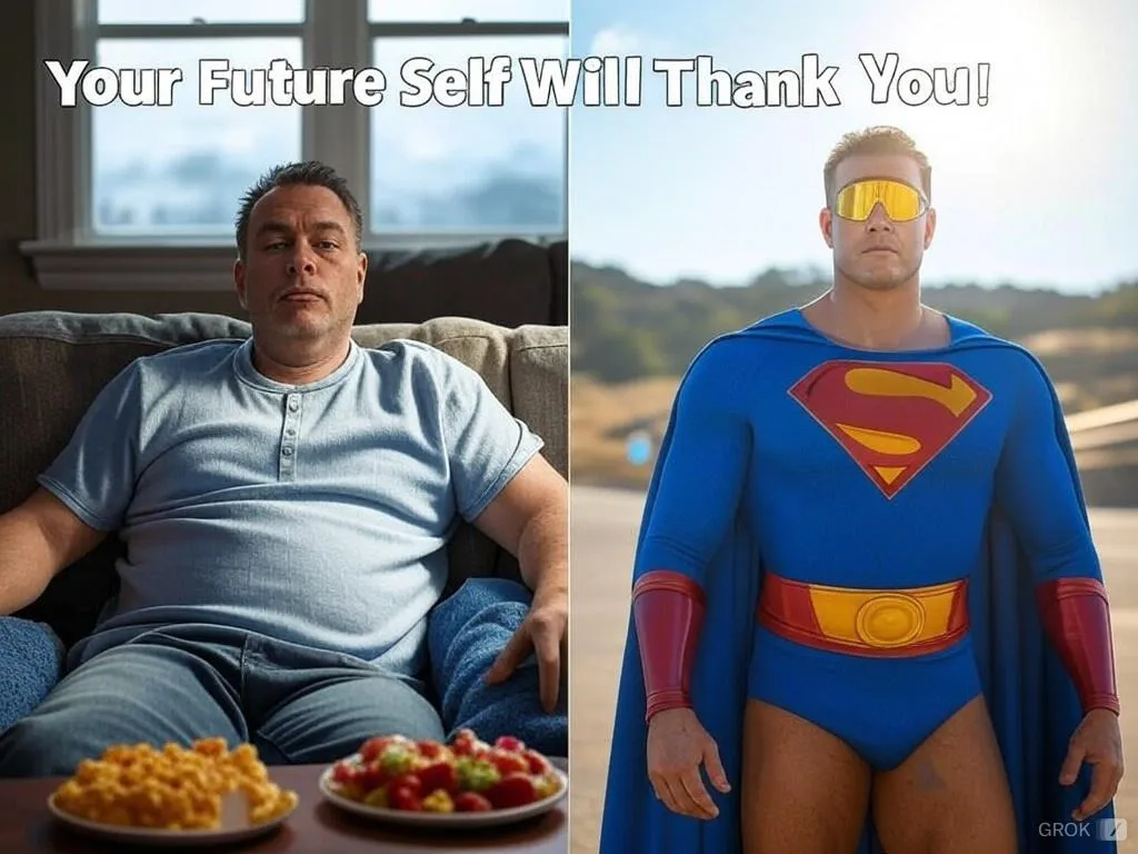A motivational split image showing a middle-aged man on the left side slouched on a couch with snacks, looking tired and unmotivated, and on the right side jogging in a vibrant park, appearing energized and happy.