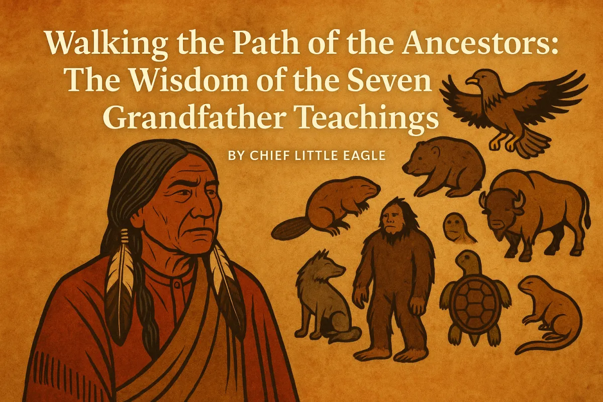 Illustrated Native American elder with long braided hair and feather adornments, surrounded by seven spirit animals representing the Seven Grandfather Teachings—including an eagle, bear, beaver, turtle, buffalo, wolf, and Sabe (Bigfoot)—on a warm, parchment-style background with the title “Walking the Path of the Ancestors: The Wisdom of the Seven Grandfather Teachings” by Chief Little Eagle.