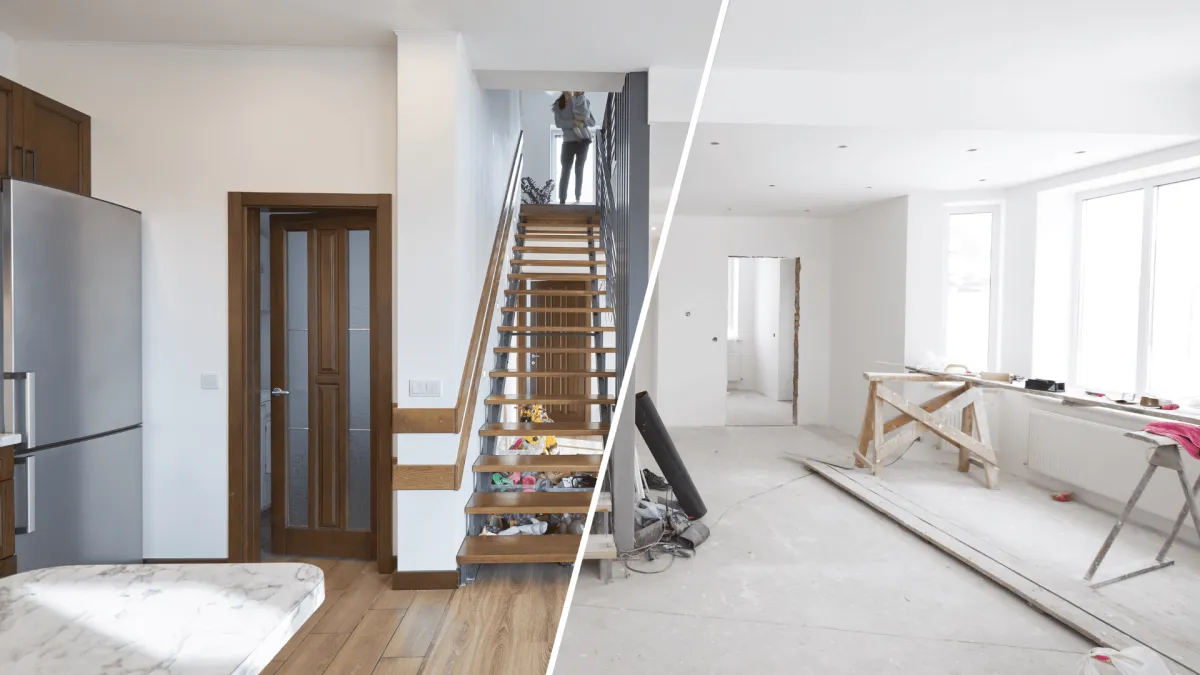 Ouvrier sur échelle peignant mur près d'escalier en bois dans chantier de rénovation intérieure.