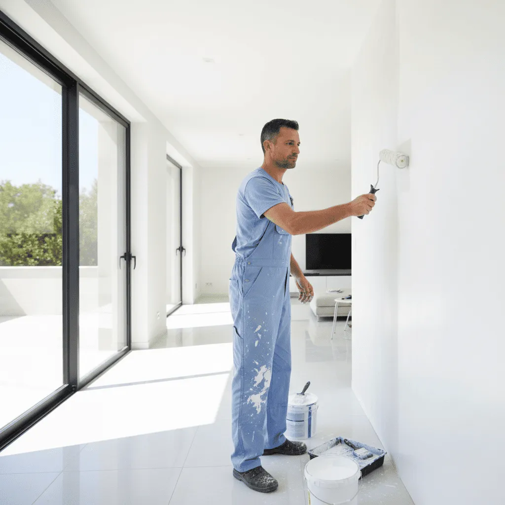 Peintre en blanc appliquant peinture au rouleau sur mur lumineux dans pièce intérieure spacieuse.