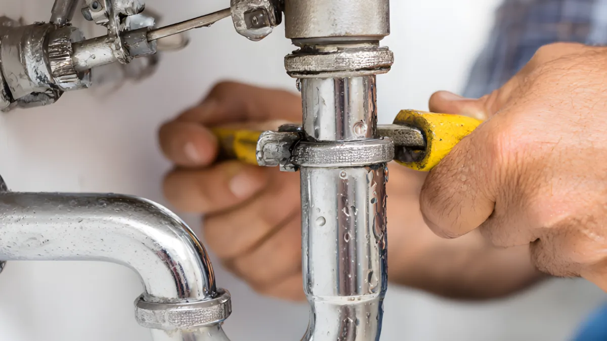 An image of a plumber fixing the pipe
