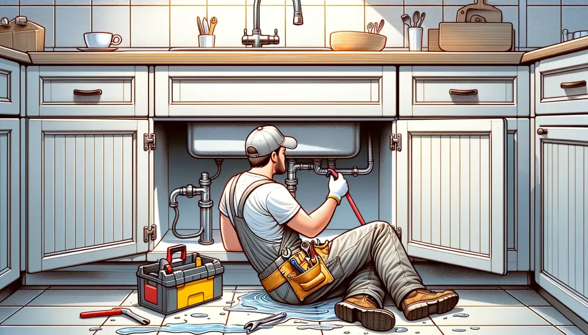Dessin d'un plombier réparant une fuite sous un évier de cuisine. La scène montre une cuisine bien éclairée où le plombier travaille sous l'évier et utilise des outils pour réparer le tuyau. Le plombier porte une tenue de travail typique avec une ceinture à outils et des gants. Il y a des éclaboussures d'eau sur le sol et des portes d'armoire ouvertes sous l'évier. L'arrière-plan comprend des éléments de la cuisine tels que des comptoirs, des armoires et un robinet visible.