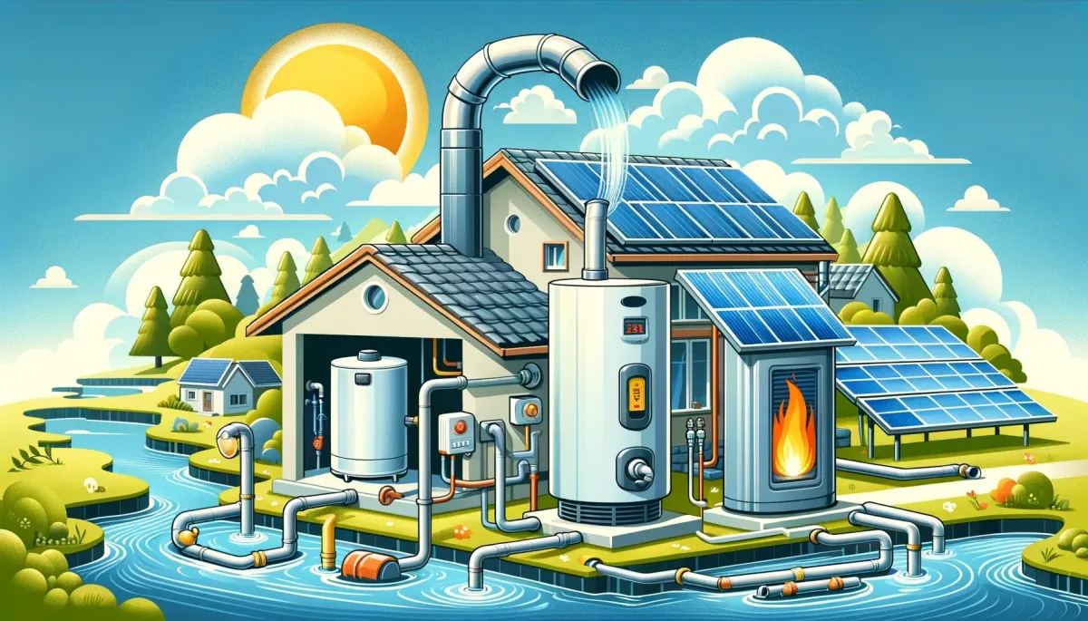 Illustration de paysage montrant différents types de chauffe-eau. L'image comprend un chauffe-eau électrique, un chauffe-eau à gaz et un chauffe-eau solaire installés dans une maison. Chaque type de chauffe-eau est représenté dans son environnement d'installation typique : le chauffe-eau électrique à l'intérieur d'un local technique, le chauffe-eau à gaz avec un évent à l'extérieur et les panneaux solaires sur un toit. L'arrière-plan comprend des éléments tels qu'un ciel ensoleillé, la maison et les tuyaux reliant les chauffe-eau.