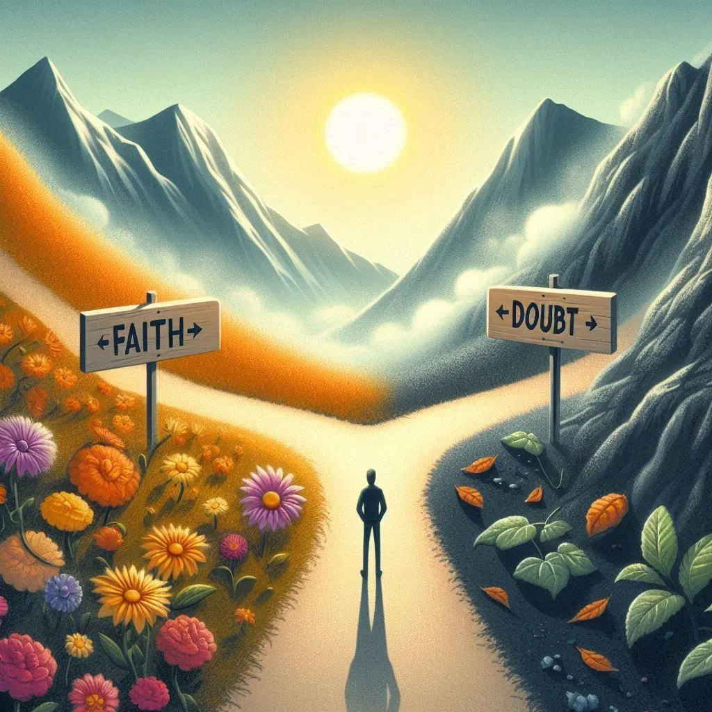 person choosing path between faith and doubt