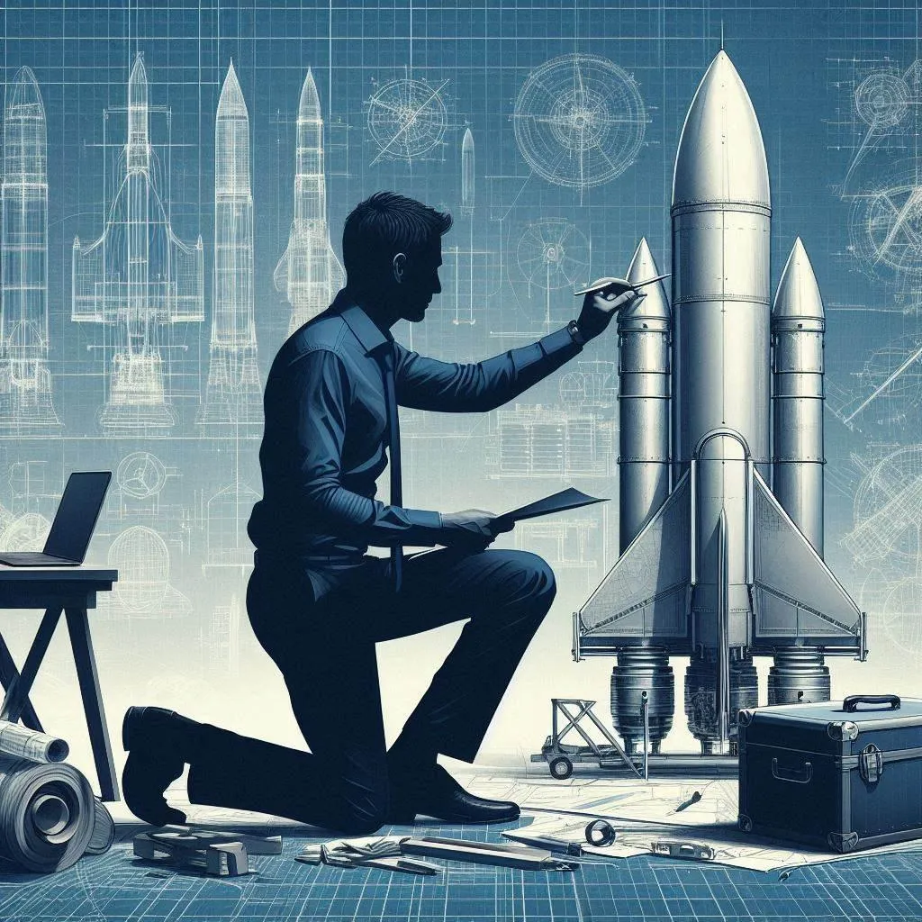 A central image of a person in their 40s or 50s, actively building a rocket ship. The background is a blueprint