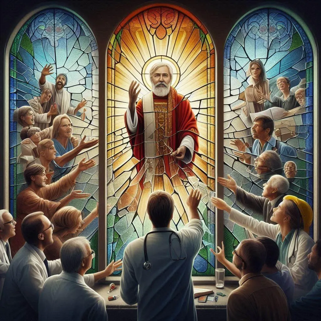 photorealistic image where a stained-glass window depicting a traditional preacher is shattered. Through the cracks, a diverse group of people from various professions (doctor, teacher, artist, construction worker) are reaching out and helping others.