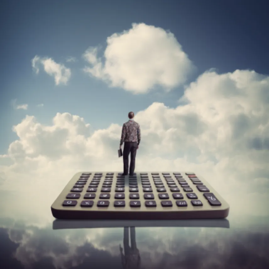 Business person on a giant calculator