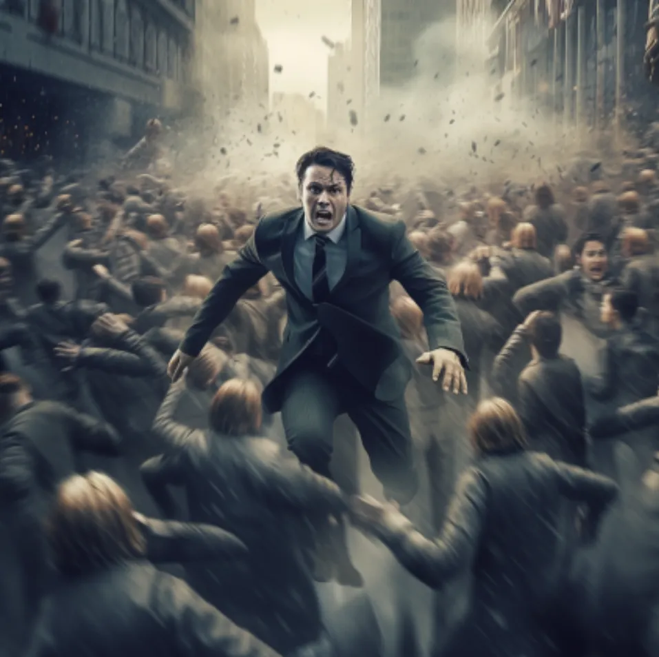 business person running against a crowd