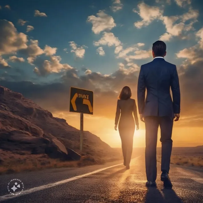 business people walking into sunset