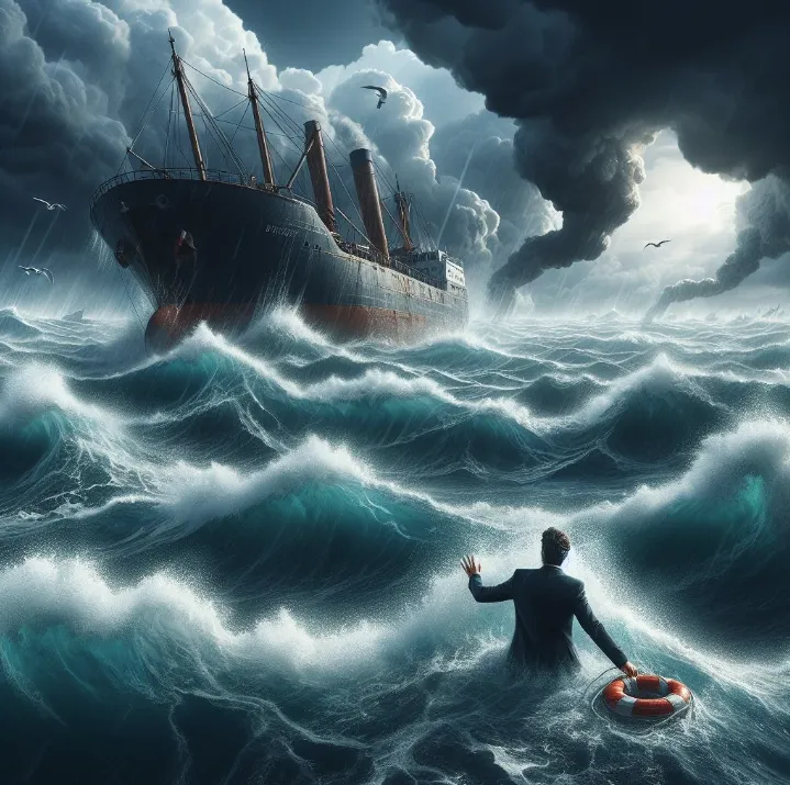 a business person in an ocean storm trying to be saved