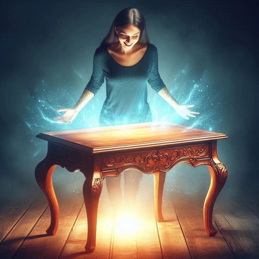 A woman standing in front of a vintage table, looking surprised and delighted. The table is surrounded by a glowing aura, symbolizing its hidden value. The woman's expression conveys a sense of disbelief and excitement. The image should convey the idea of finding unexpected value in ordinary things and overcoming limiting beliefs.