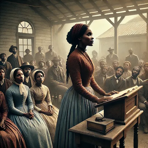 Here is an image inspired by the story of Jarena Lee, capturing the essence of faith and perseverance as she boldly stands before a crowd.