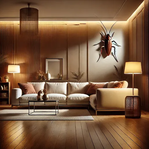 A modern, well-kept living room with warm lighting and elegant furniture. A small cockroach is visible high on the wall, symbolizing an overlooked problem in an otherwise perfect setting.