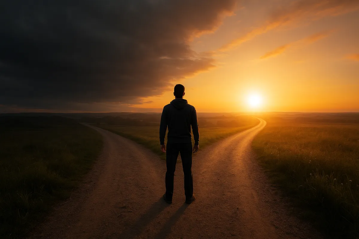 Person at crossroads choosing a path, symbolizing 50 minute focus routine and flow state.