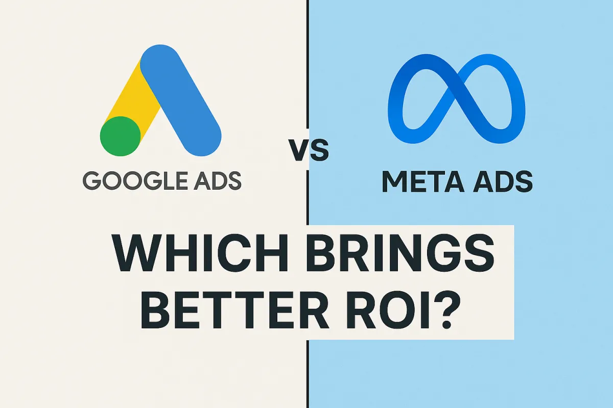 Google Ads vs Meta Ads comparison graphic with the text Which Brings Better ROI?