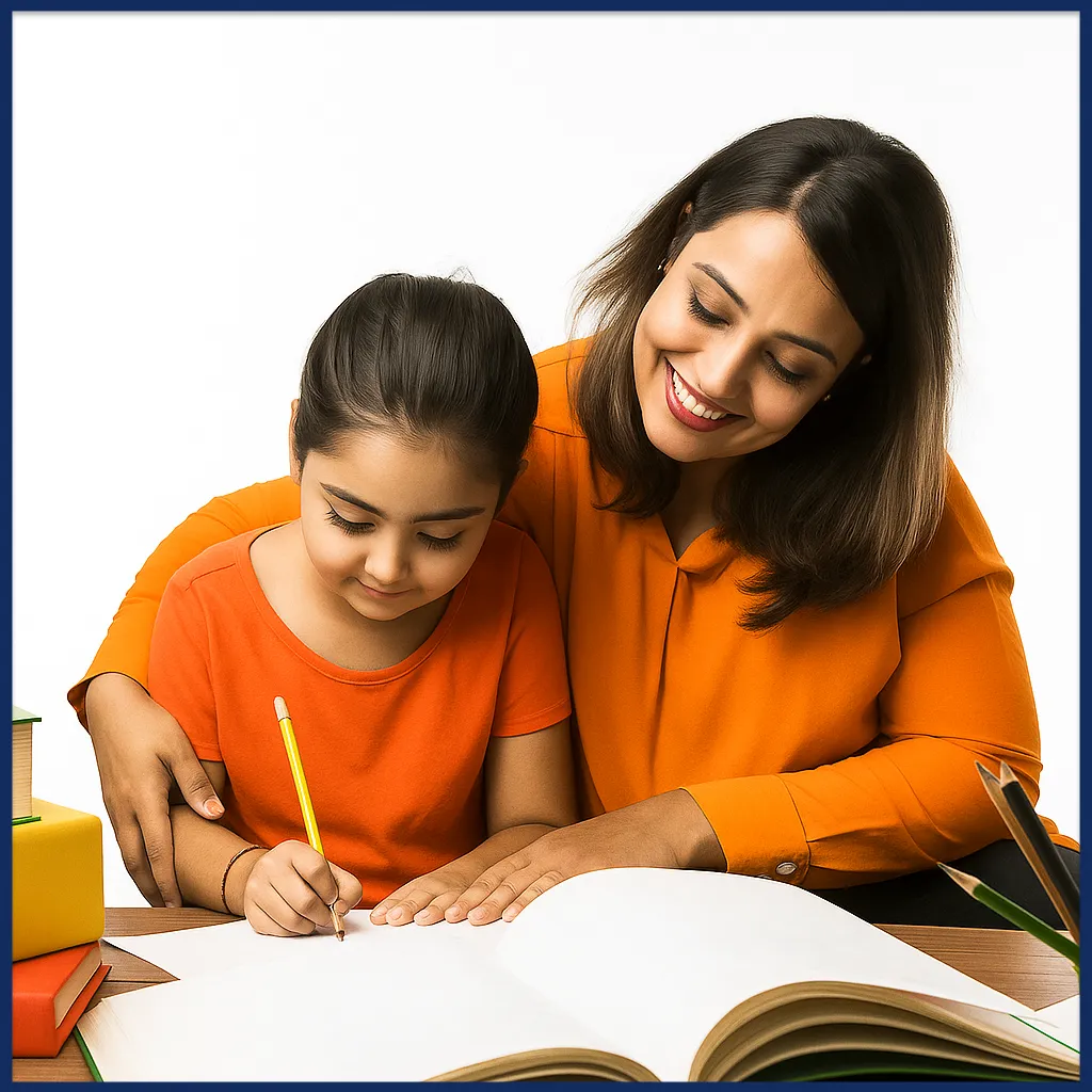 Parent helping child study English at home for Cambridge KET exam, smiling and relaxed Madre ayudando a su hijo a estudiar inglés en casa para el examen Cambridge KET, ambiente relajado