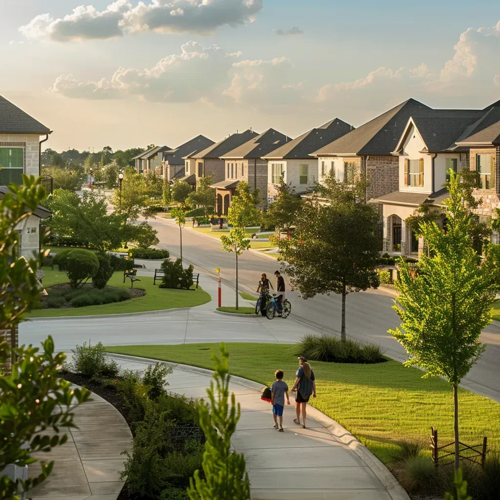 Modern family-friendly home in Bridgeland, Cypress, TX, surrounded by lush greenery and a scenic park, showcasing the community's inviting outdoor lifestyle.
