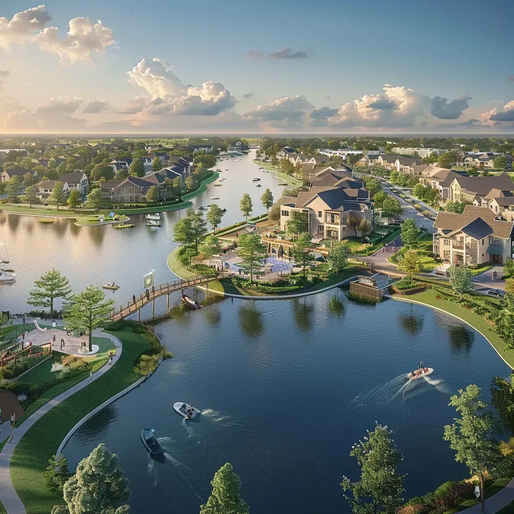 A scenic view of Towne Lake in Cypress, Texas, featuring a picturesque 300-acre lake surrounded by luxury homes, a vibrant boardwalk with dining options, and families enjoying outdoor activities like boating and biking.