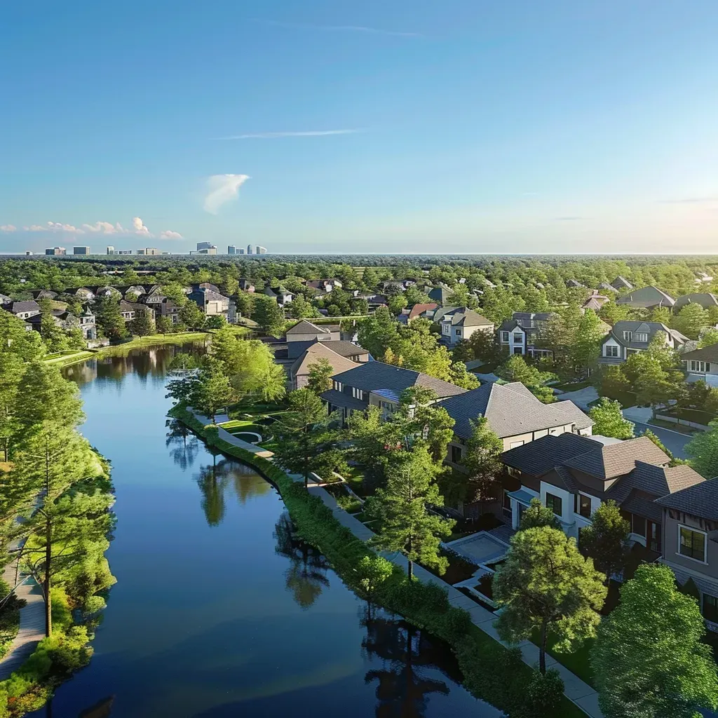 An image of a suburban neighborhood in Bridgeland, Cypress, TX, featuring a mix of traditional and modern homes surrounded by greenery and a lake, under a clear blue sky.