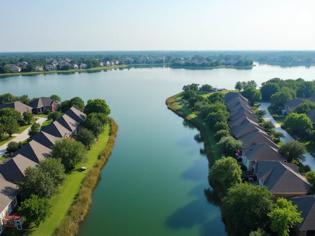 Panoramic view of Towne Lake in Cypress, TX, featuring waterfront homes, boats on the lake, and surrounding greenery