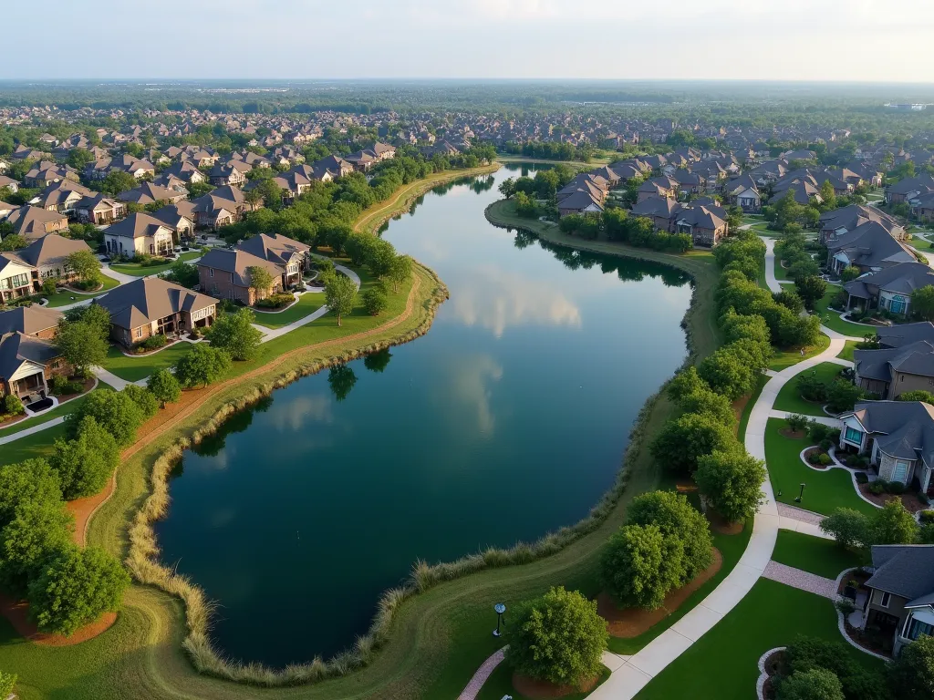 Aerial view of Bridgeland in Cypress, TX, featuring lakes, parks, and residential areas with Houston skyline in the background