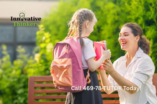 mom kneeling down to girl wearing backpack - Call Innovative  Thinkers at 469-78-TUTOR Now!