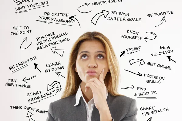 Professional woman in a suit thinking with hand on chin, standing in front of a white background filled with handwritten career advice and motivational phrases like “Define Career Goals,” “Learn by Doing,” “Be Creative,” and “Focus on Skills.”