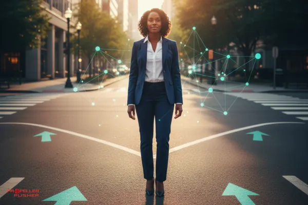 Professional woman standing confidently at a crossroads, looking forward with determination.