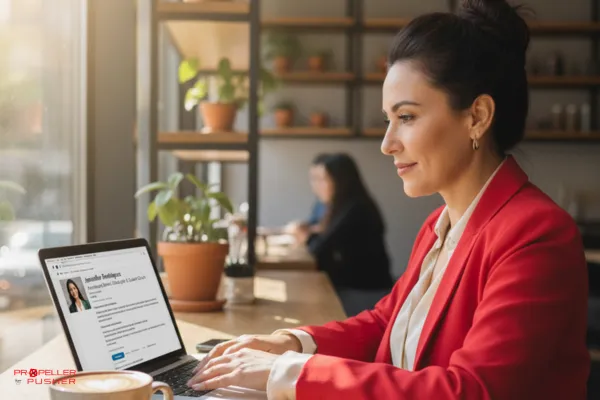 Professional updating LinkedIn profile on laptop with coffee beside them.
