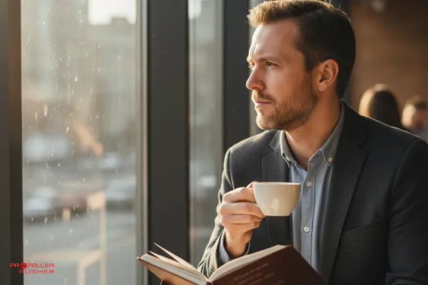 Professional man reflecting with a notebook and coffee in hand.