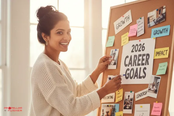 Professional woman smiling while mapping out career goals on a vision board.