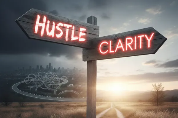 Directional road sign showing “Hustle” as a loop and “Clarity” as a straight path forward.