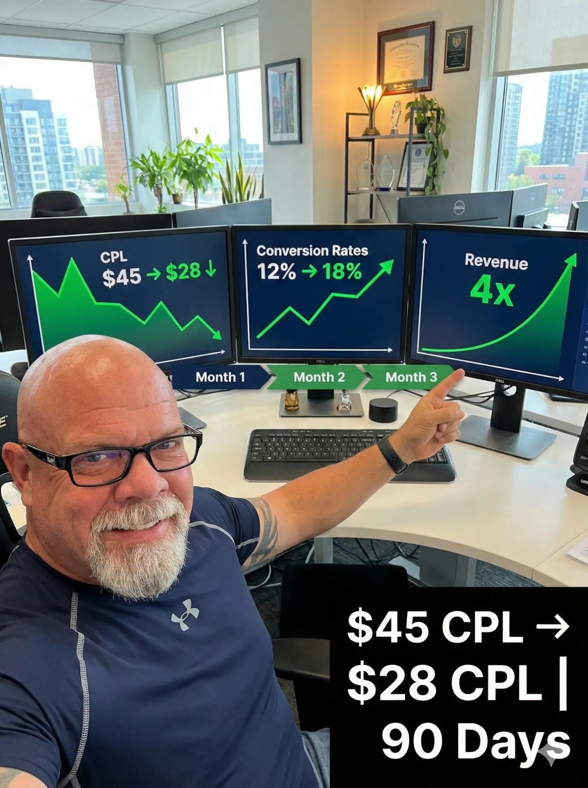 "Success story office setting. Connor MacIvor (use uploaded photo as base - modify expression to confident, proud, accomplished smile like 'we crushed this goal') standing/sitting at desk pointing at impressive growth charts and metrics on multiple computer screens. Screens display dramatic improvement graphs: CPL dropping from $45 → $28 (downward arrow in green), conversion rates rising from 12% → 18% (upward arrow), revenue increasing 4x (exponential growth curve). Visual timeline visible showing Month 1, Month 2, Month 3 progression. Modern bright office with successful energy. Inspirational lighting. Text overlay bottom right: '$45 CPL → $28 CPL | 90 Days' in bold white sans-serif font. Professional, achievement-focused, results-driven aesthetic. High resolution."