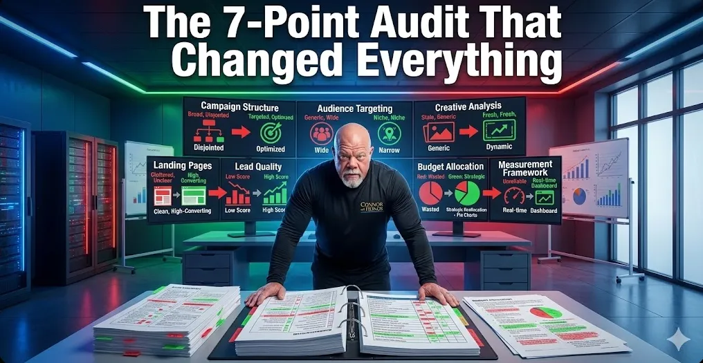 Comprehensive audit room visualization. Connor MacIvor (use uploaded headshot - modify expression to focused, determined, like conducting thorough analysis) standing/leaning with detailed audit materials visible - checklists, performance reports, optimization notes. Large screens showing complete audit breakdown: Campaign Structure (before/after), Audience Targeting (narrow vs. broad), Creative Analysis (stale vs. fresh), Landing Pages (generic vs. optimized), Lead Quality (scoring system), Budget Allocation (pie charts showing reallocation), and Measurement Framework (dashboard). 7 critical audit findings visualized. Red to green transformation theme throughout. Modern office with focused analytical atmosphere. Dominant colors: blue (#178af6), red (#ef4444), green (#10b981), white. Text overlay optional: "The 7-Point Audit That Changed Everything" in bold white font. Professional, thorough, diagnostic aesthetic.