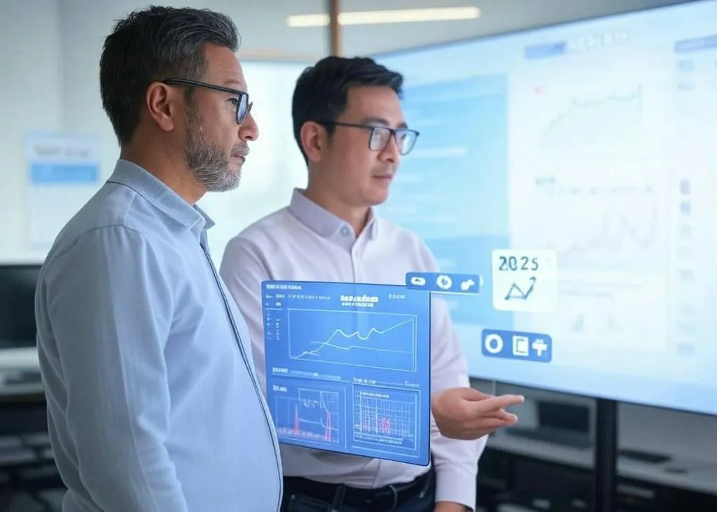 Modern real estate office with digital screen showing Facebook Ads analytics for generating seller leads in 2025