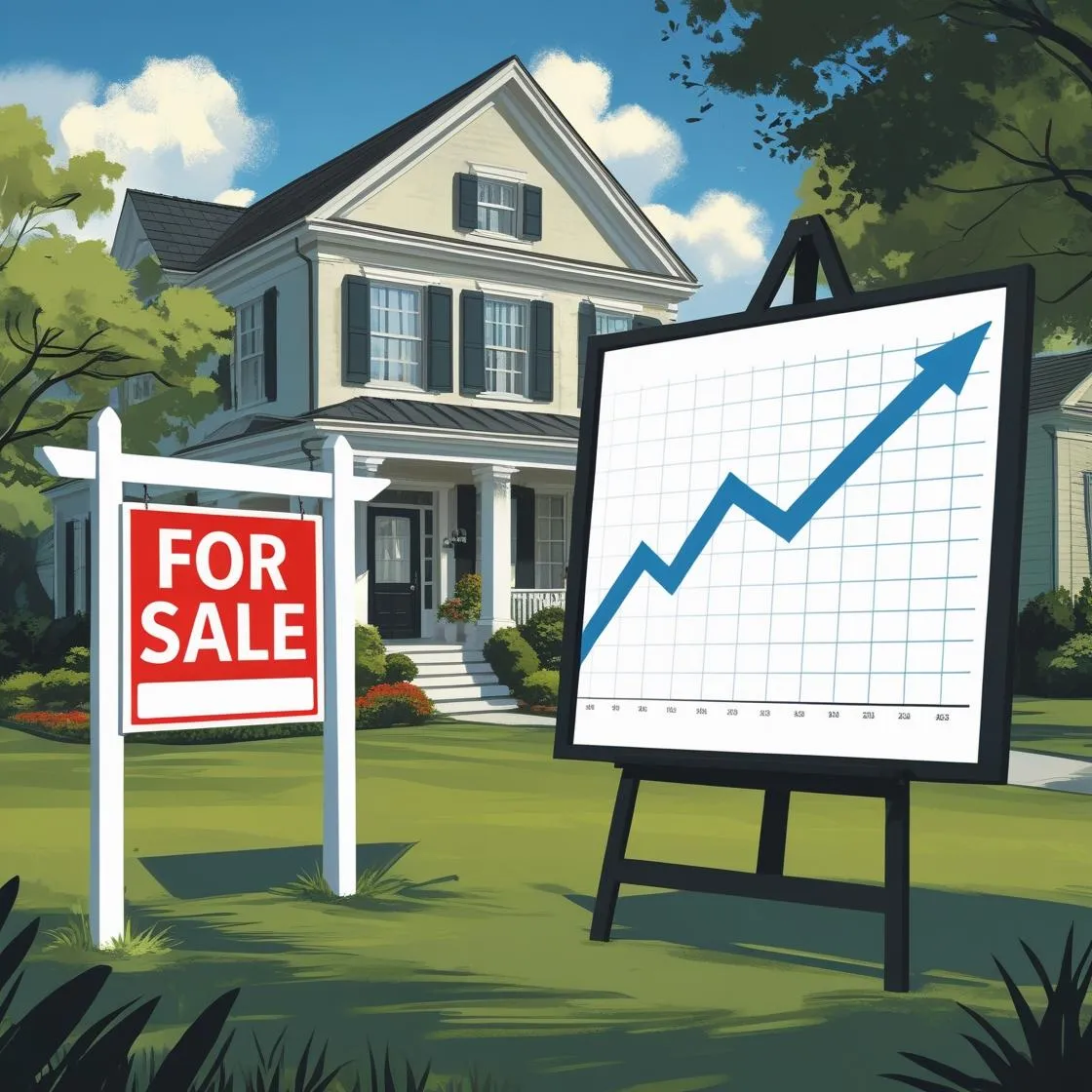 Greenville SC home with a For Sale sign and a graph of high interest rates in 2025