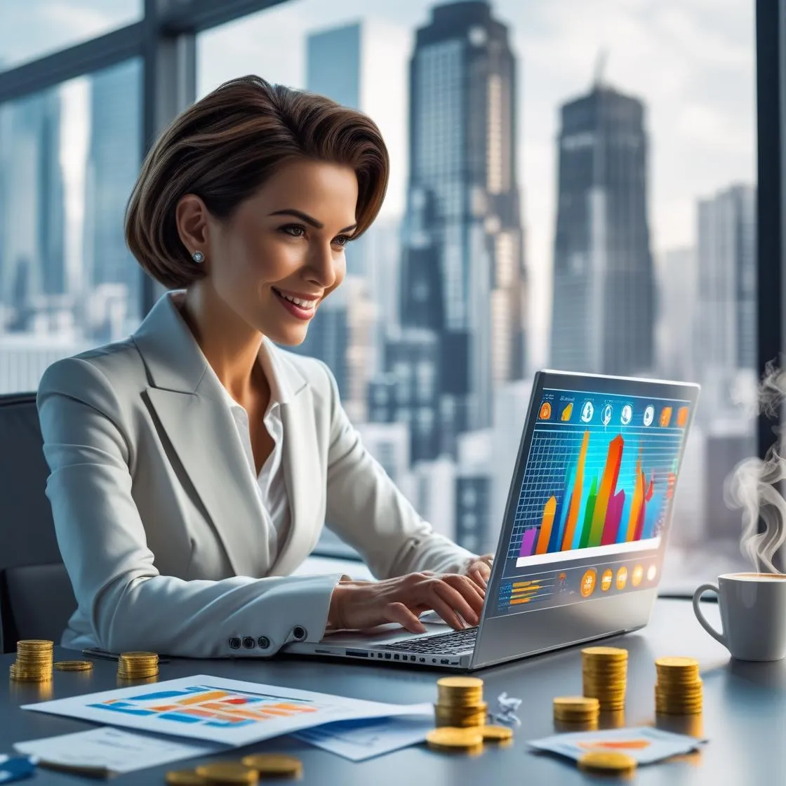 Realtor working on a laptop with graphs and icons symbolizing competition in the 2025 real estate market.