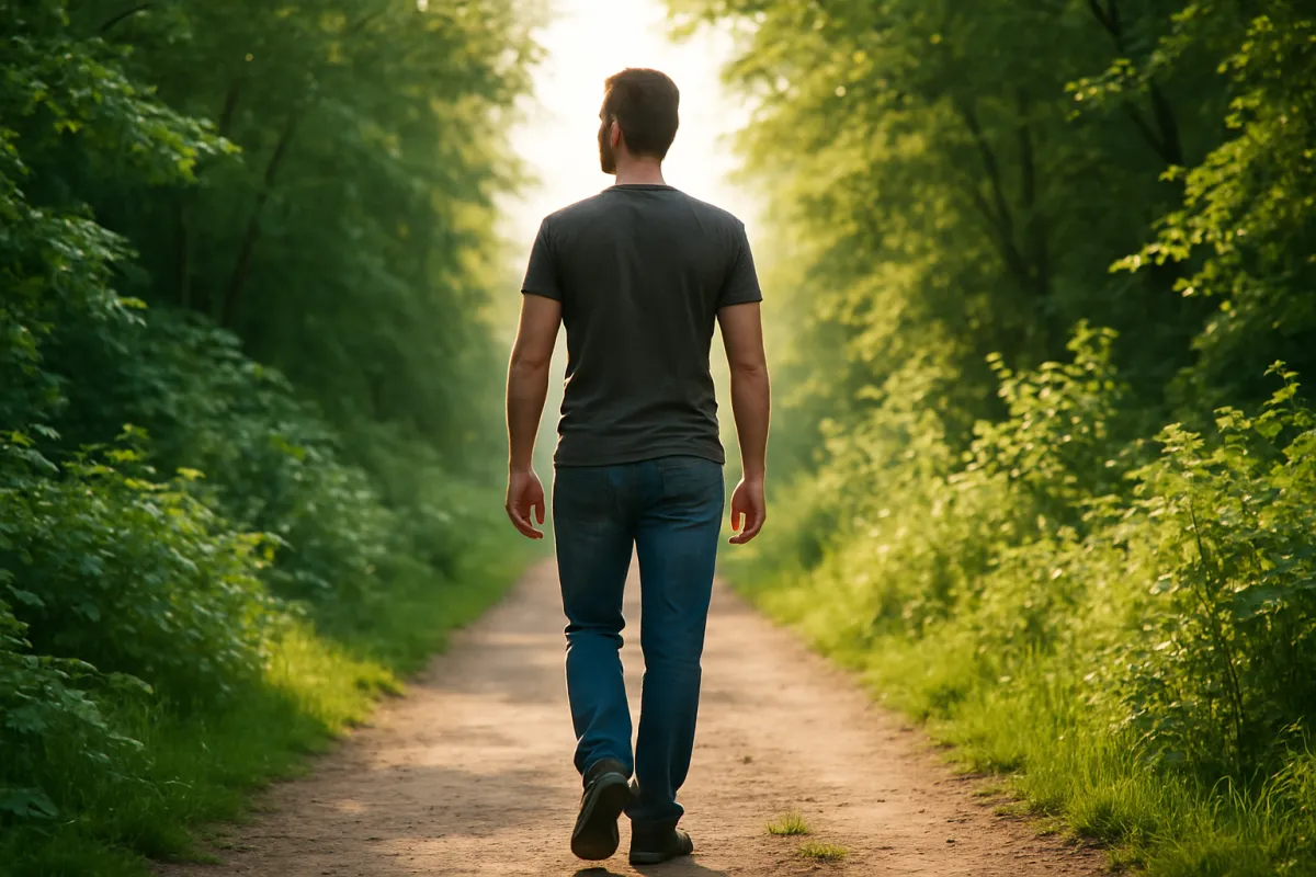 A man walks alone down a peaceful forest path surrounded by lush green trees, symbolizing healing, recovery, and a journey toward renewal.
