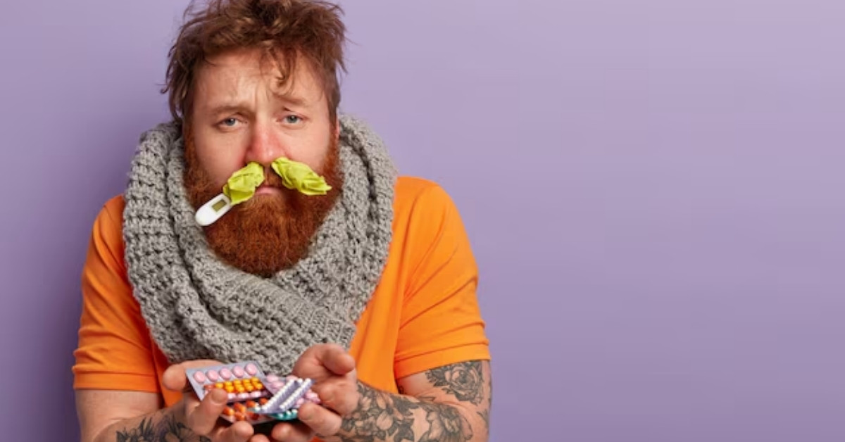 A sick man with a red beard wearing a scarf and orange shirt holds medicine and tissues while looking unwell, with tissues stuffed in his nose against a purple background.