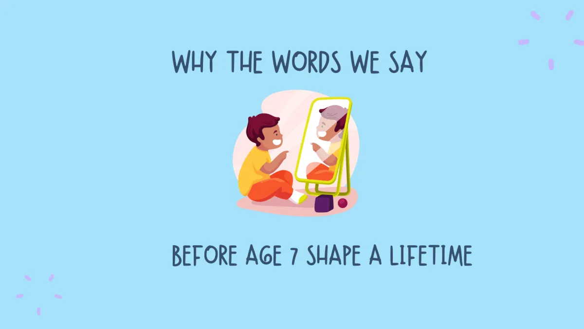 Illustration of a young child smiling and pointing at their reflection in a mirror, with the text “Why the Words We Say Before Age 7 Shape a Lifetime” above and below the image. The background is light blue with subtle purple accent marks.
