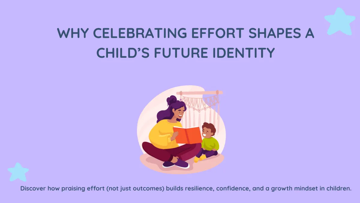 Illustration of a mother reading a book to her young child while sitting on the floor, with the blog title “Why Celebrating Effort Shapes a Child’s Future Identity” displayed above. The background is purple with star icons, and a subheading below reads: “Discover how praising effort (not just outcomes) builds resilience, confidence, and a growth mindset in children.”