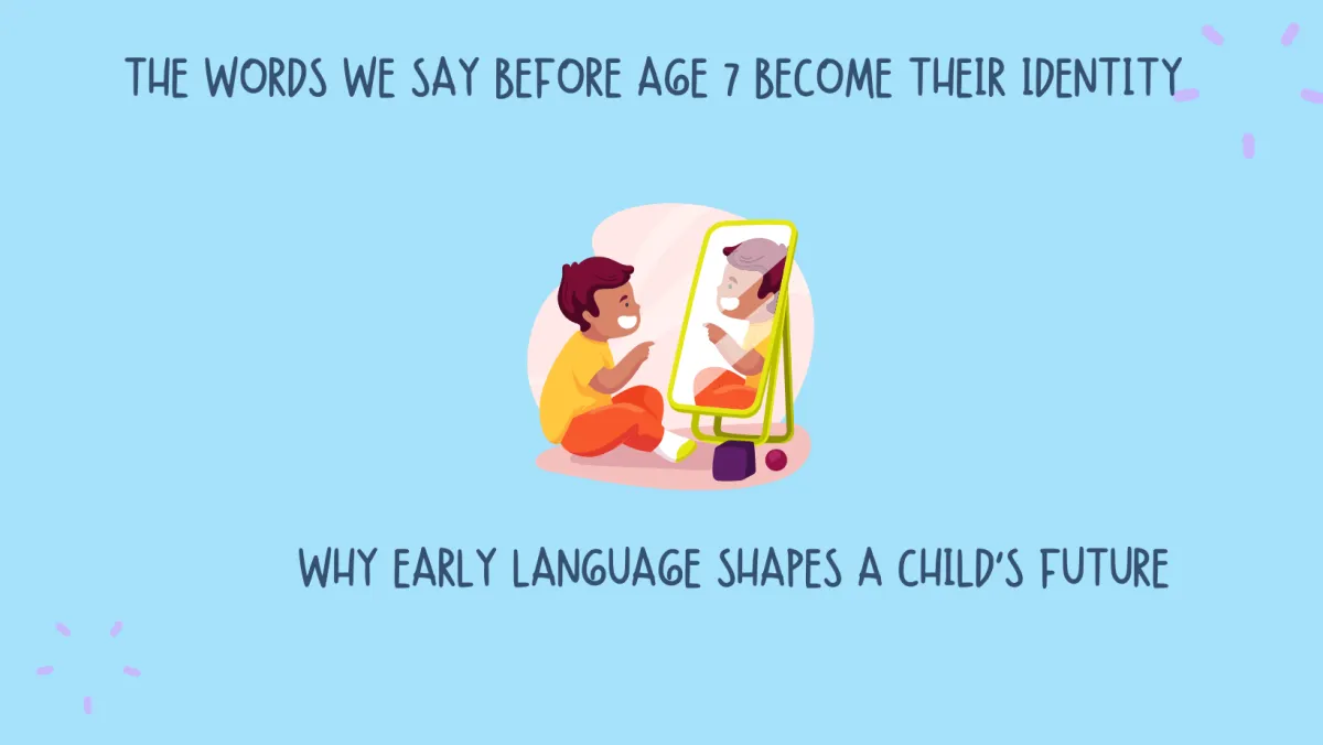 blue background with text "The Words We Say Before Age 7 Become Their Identity.Why Early Language Shapes a Child’s Future"