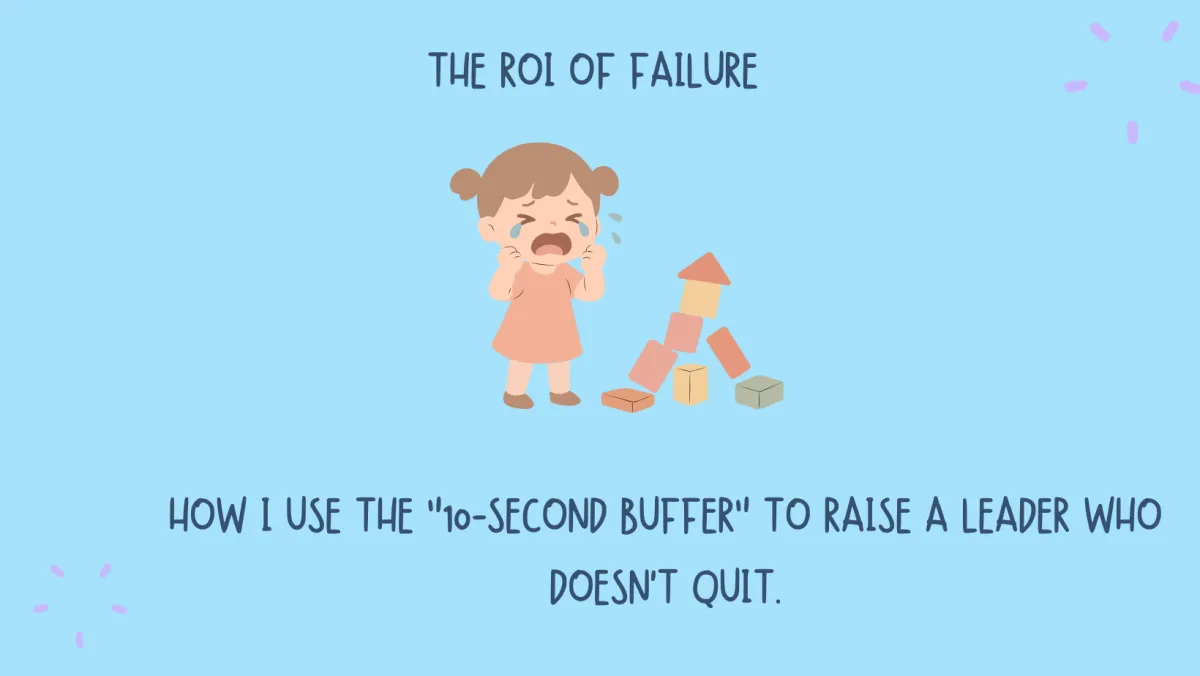 An educational graphic on a light background showing a child attempting a puzzle with the text 'The ROI of Failure.