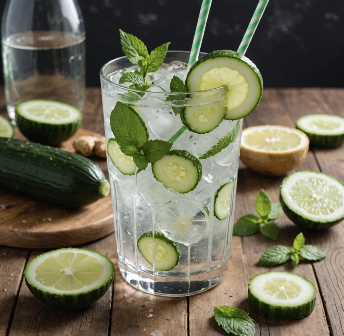 Tall glass of refreshing cucumber mint lime fizz mocktail with ice cubes, fresh mint leaves, cucumber slices, lemon wheels, and sparkling water bubbles – gut-friendly, antioxidant-rich hydration drink.