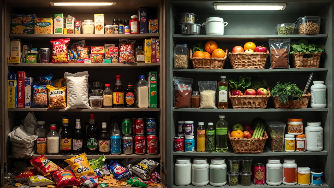 Organized pantry transformation: ultra-processed snacks and packaged items on one side, contrasted with vibrant fresh produce, nuts, seeds, and nourishing staples for menopause gut health.