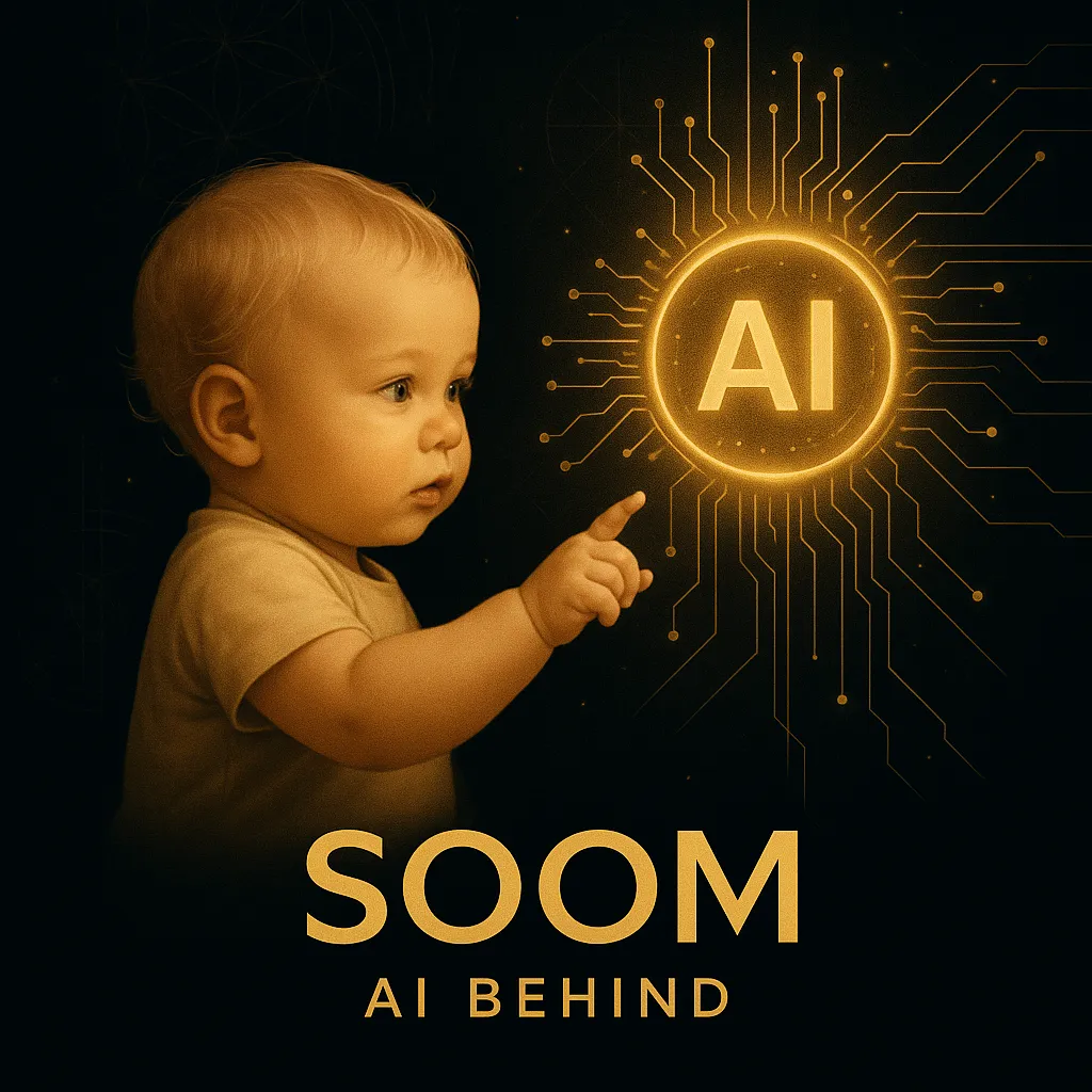 Golden baby reaching for AI interface – symbolic cover for conscious technology blog